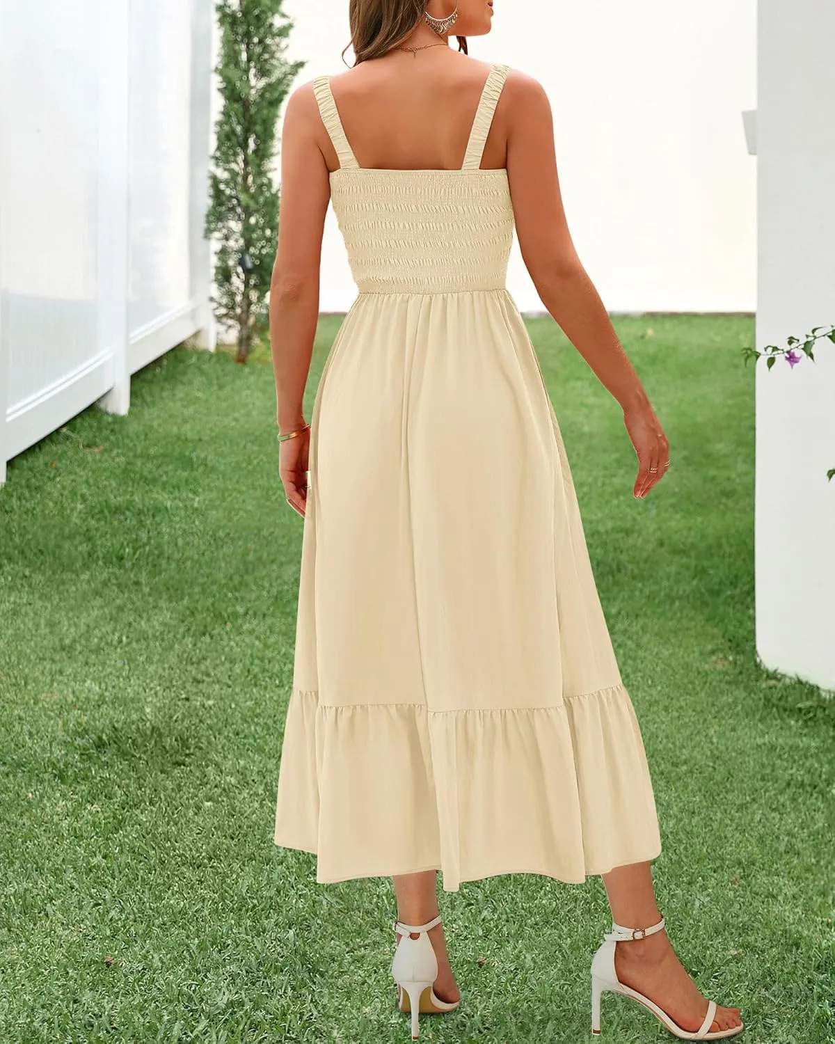 BTFBM Summer Midi Dresses for Women 2025 Spring Sleeveless Square Neck Smocked Flowy Long Beach Vacation Sundress Pocket