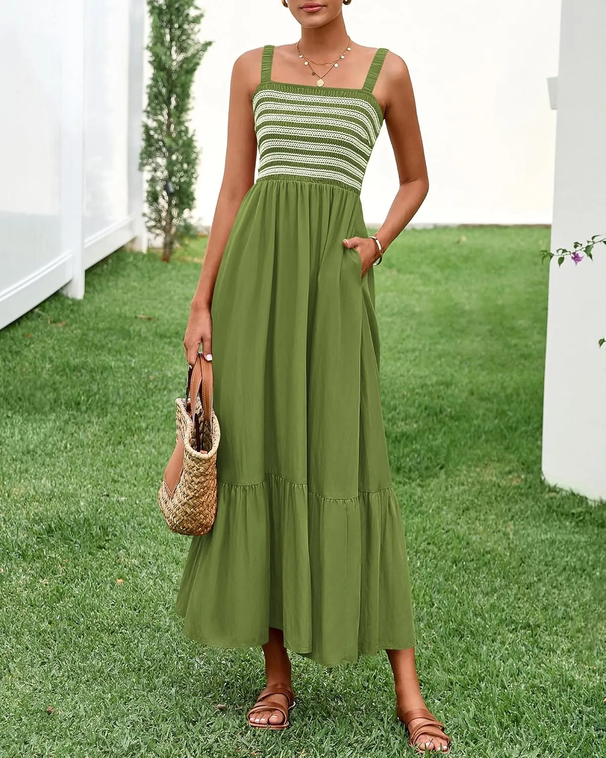 BTFBM Summer Midi Dresses for Women 2025 Spring Sleeveless Square Neck Smocked Flowy Long Beach Vacation Sundress Pocket