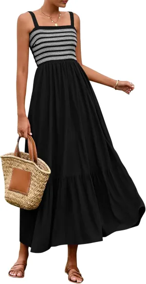 BTFBM Summer Midi Dresses for Women 2025 Spring Sleeveless Square Neck Smocked Flowy Long Beach Vacation Sundress Pocket