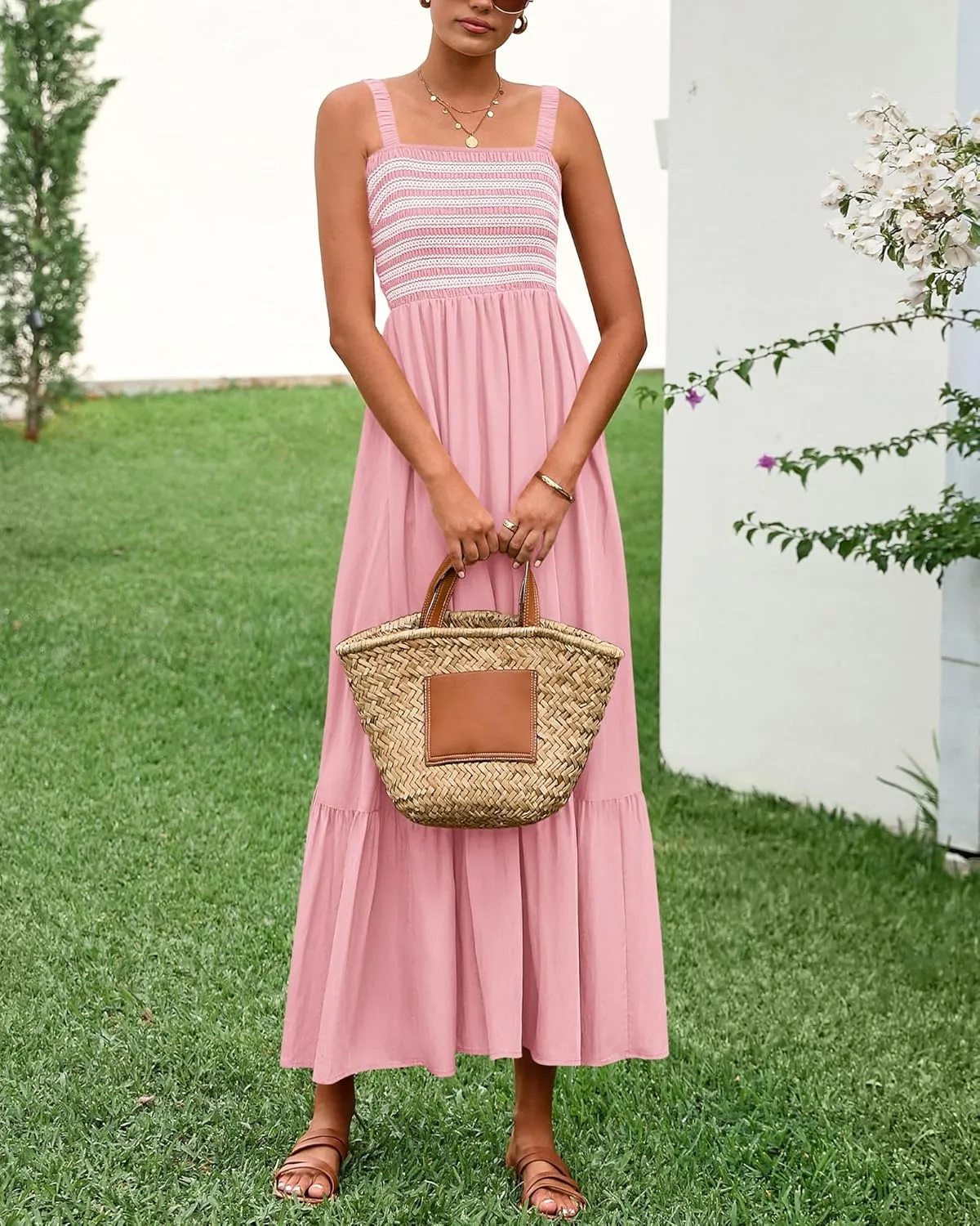 BTFBM Summer Midi Dresses for Women 2025 Spring Sleeveless Square Neck Smocked Flowy Long Beach Vacation Sundress Pocket