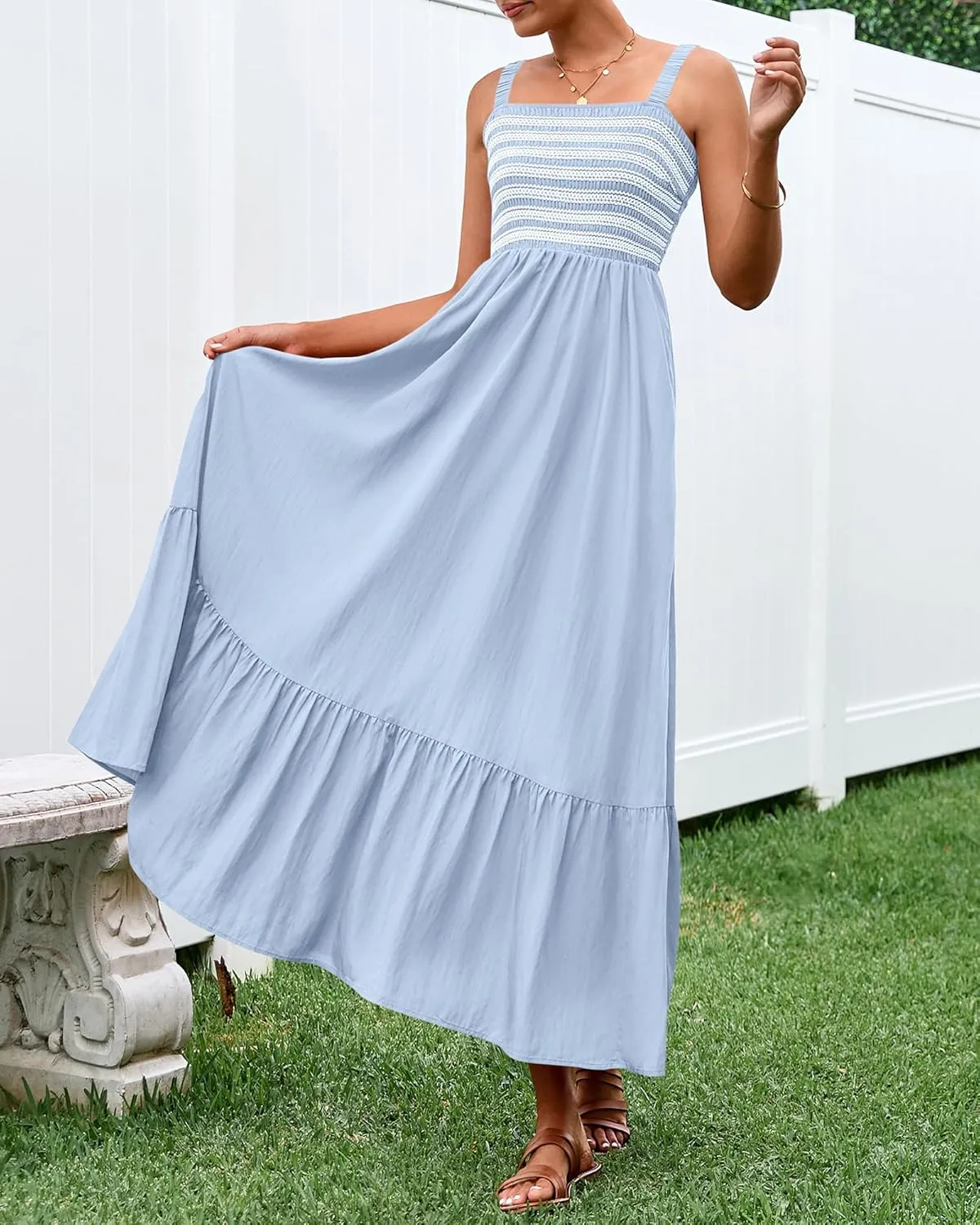 BTFBM Summer Midi Dresses for Women 2025 Spring Sleeveless Square Neck Smocked Flowy Long Beach Vacation Sundress Pocket