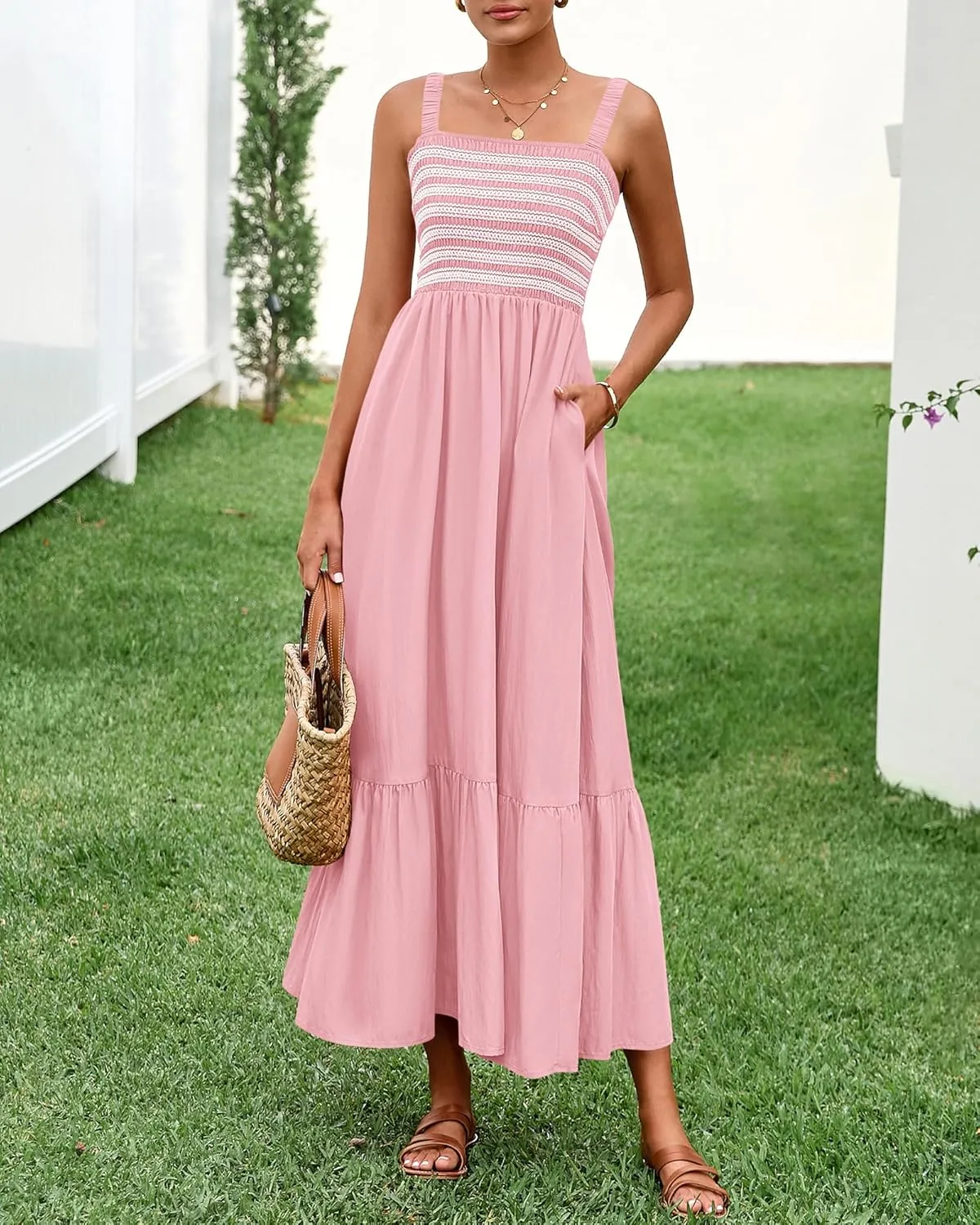 BTFBM Summer Midi Dresses for Women 2025 Spring Sleeveless Square Neck Smocked Flowy Long Beach Vacation Sundress Pocket
