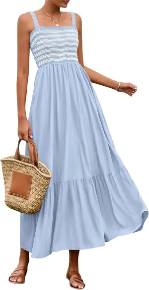 BTFBM Summer Midi Dresses for Women 2025 Spring Sleeveless Square Neck Smocked Flowy Long Beach Vacation Sundress Pocket