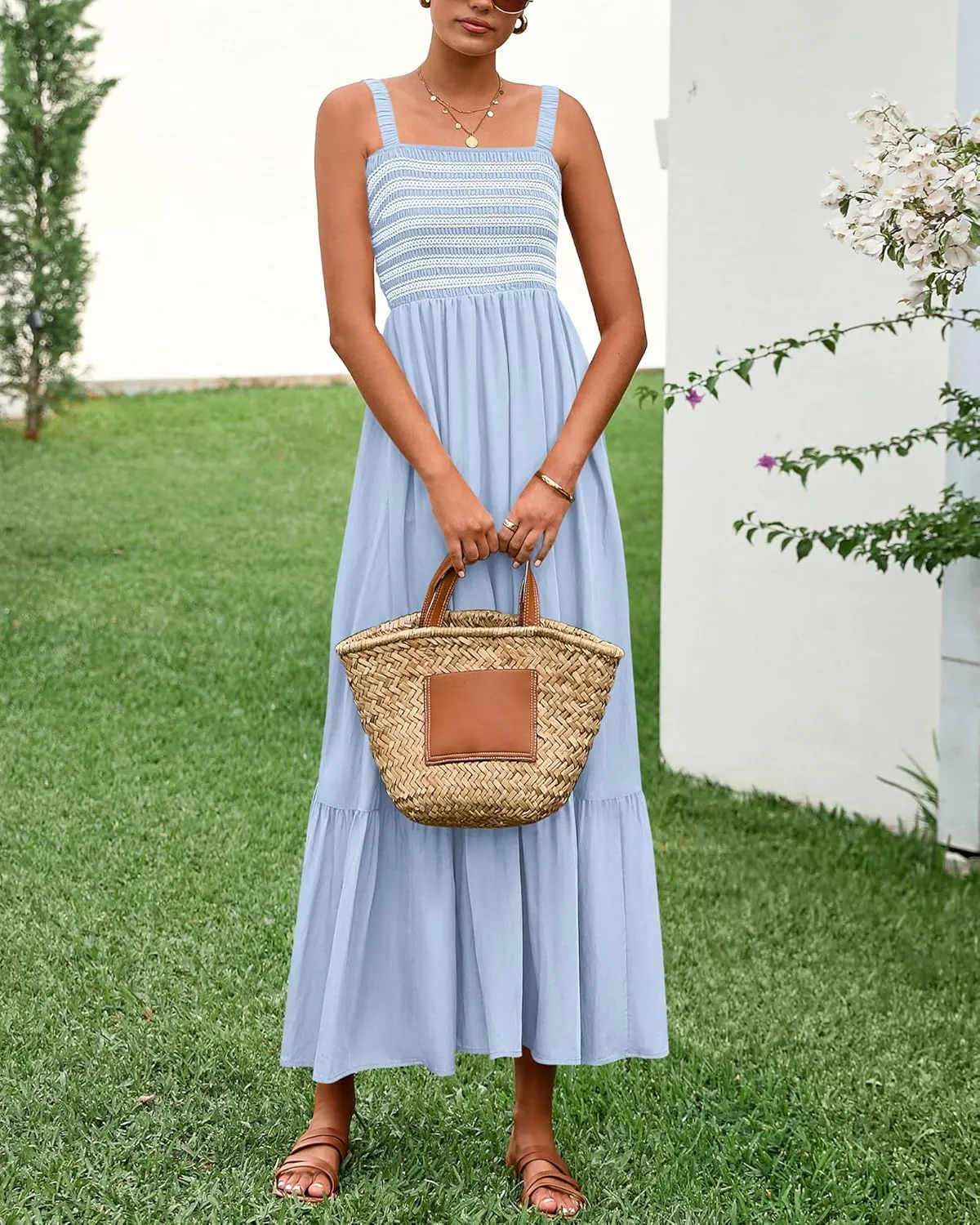 BTFBM Summer Midi Dresses for Women 2025 Spring Sleeveless Square Neck Smocked Flowy Long Beach Vacation Sundress Pocket