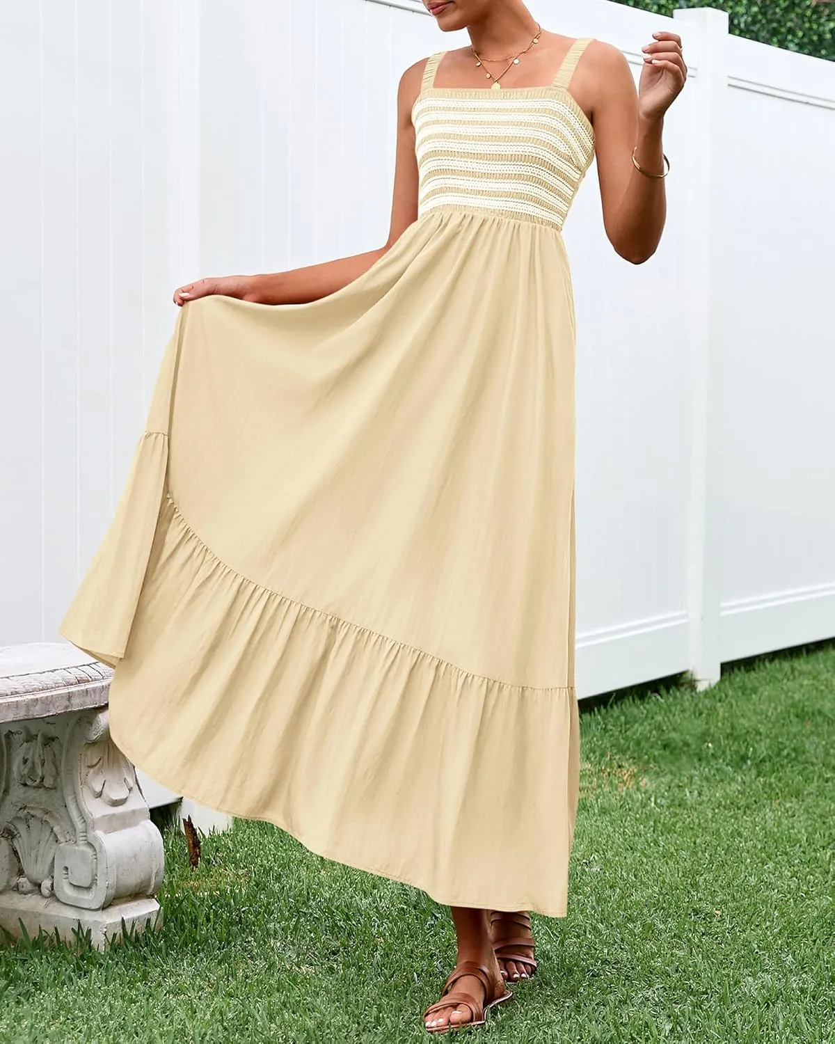 BTFBM Summer Midi Dresses for Women 2025 Spring Sleeveless Square Neck Smocked Flowy Long Beach Vacation Sundress Pocket