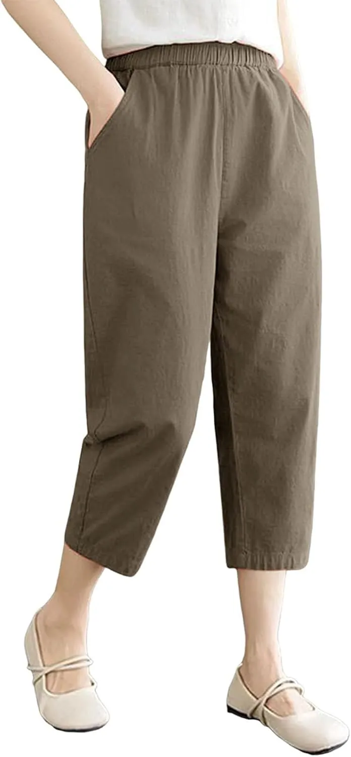 Capri Pants for Women Summer Casual Lounge Pant with Pockets Cropped Cotton Linen Loose Drawstring Baggy Trousers