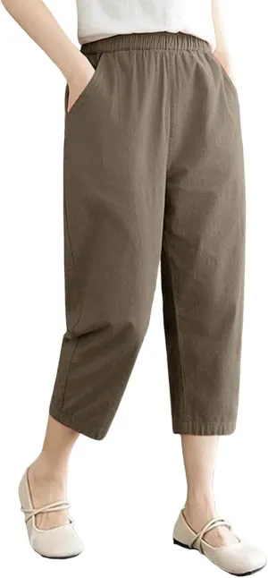 Capri Pants for Women Summer Casual Lounge Pant with Pockets Cropped Cotton Linen Loose Drawstring Baggy Trousers