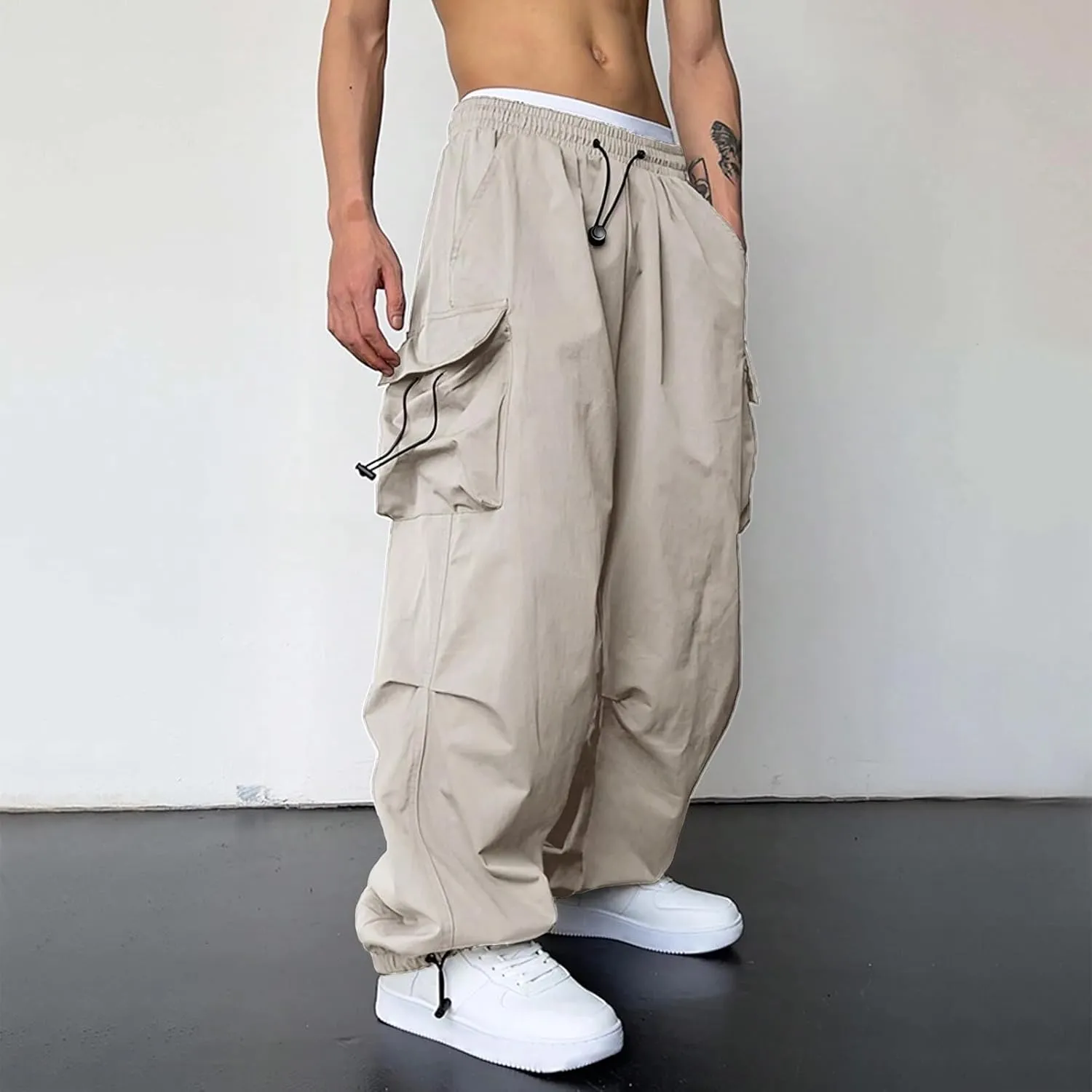 Cargo Pants for Men, Loose Fit Baggy Sweatpants, Casual Solid Color Pants with Pockets, Outdoor Drawstring Trousers