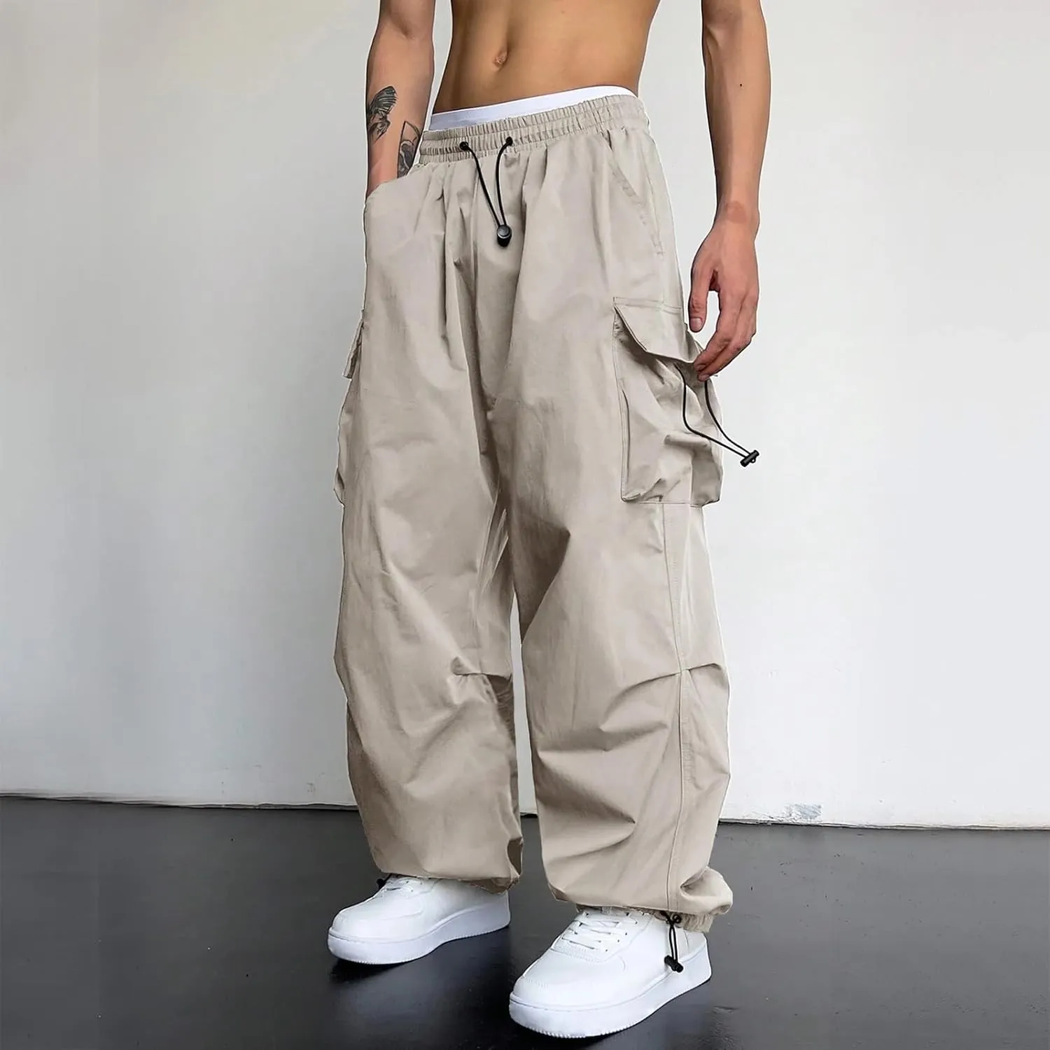 Cargo Pants for Men, Loose Fit Baggy Sweatpants, Casual Solid Color Pants with Pockets, Outdoor Drawstring Trousers