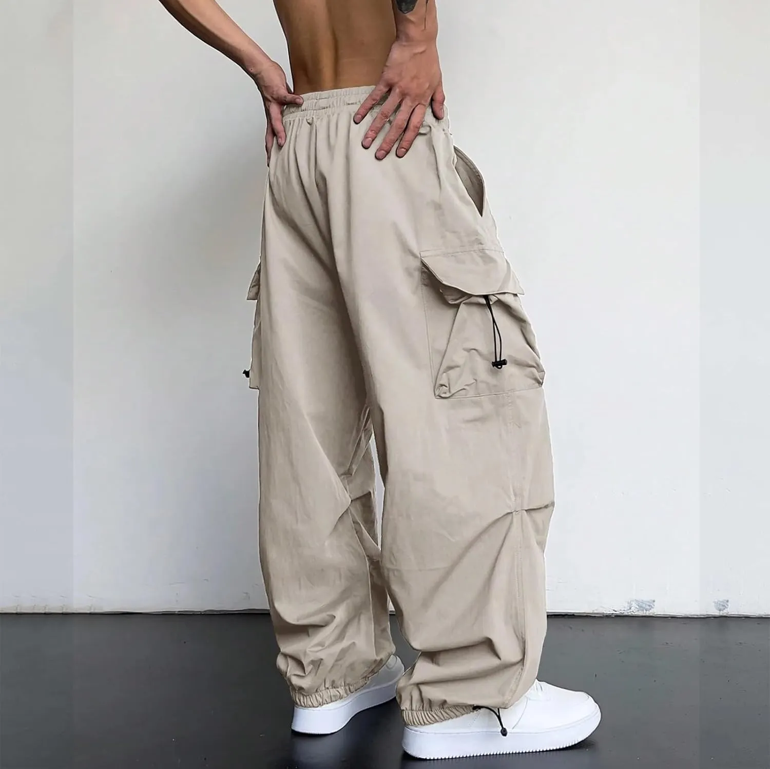 Cargo Pants for Men, Loose Fit Baggy Sweatpants, Casual Solid Color Pants with Pockets, Outdoor Drawstring Trousers