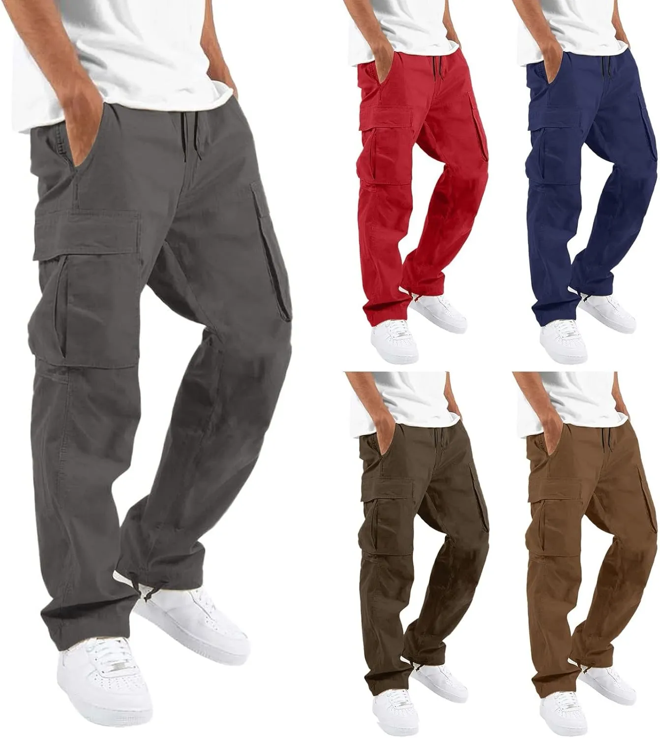Cargo Pants for Men Relaxed Fit Mens Cargo Pants Men's Loose Fit Fashion Solid Color Elastic Waist Long Pants Outdoor