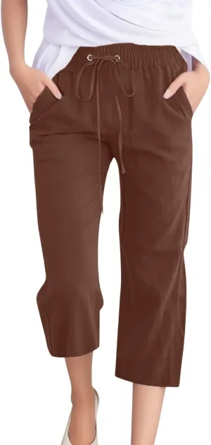 Casual Pants for Women,Your Orders Capris Pants for Women Cotton Linen Casual Summer 2025 Straight Wide Leg Loose Drawstring Elastic Waist Cropped Trouser Brown XXXL