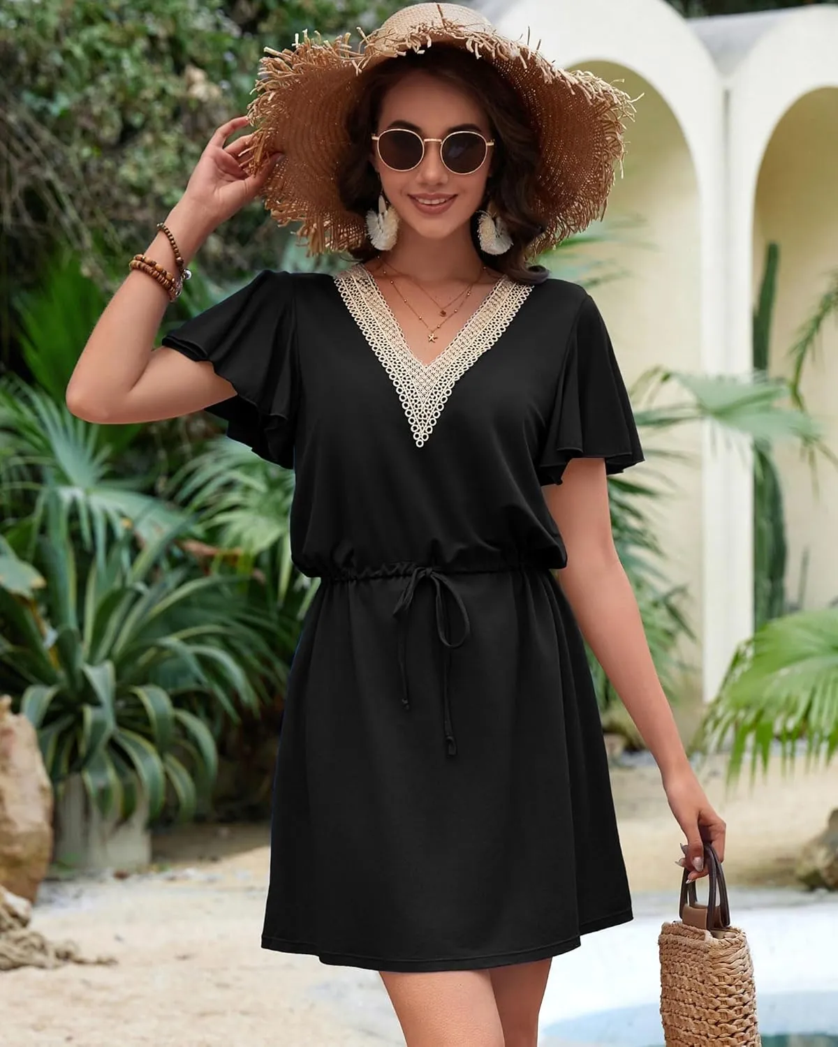 Charmo Women Swimsuit Coverup Ruffle Bathing Suit Cover Ups Drawstring Casual Summer Swimwear Sun Dress