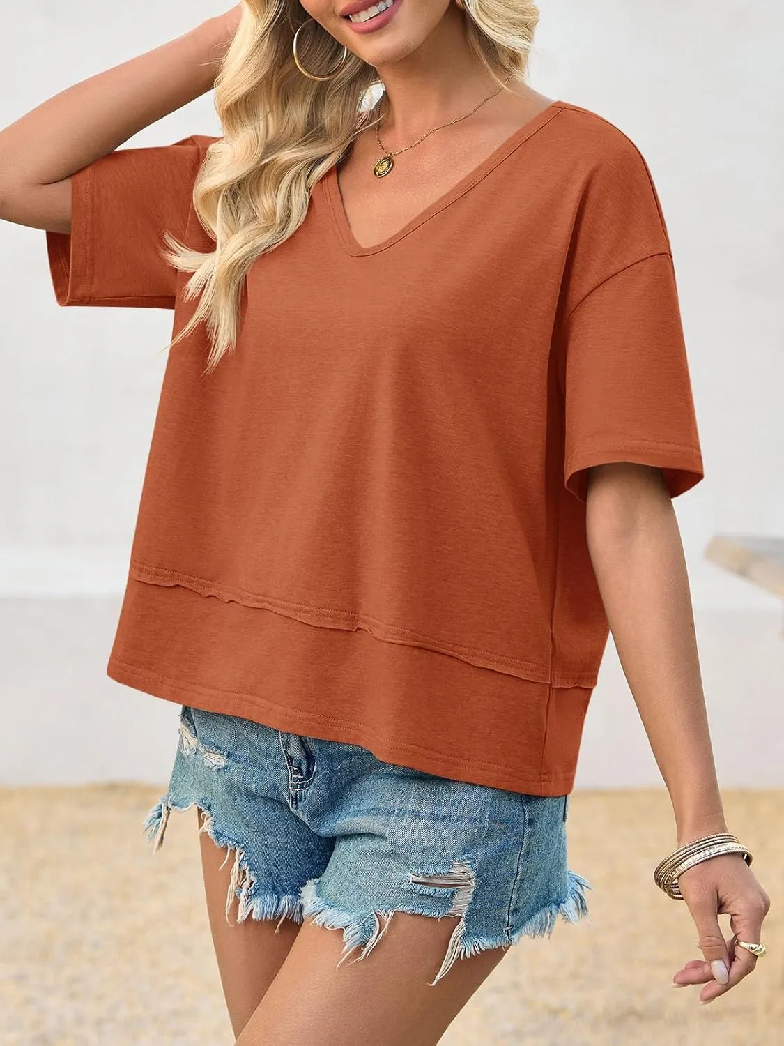 Cicy Bell Womens Summer V Neck T Shirts Casual Short Sleeve Flowy Tops Cute Loose Fit Basic Tees