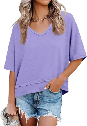 Cicy Bell Womens Summer V Neck T Shirts Casual Short Sleeve Flowy Tops Cute Loose Fit Basic Tees