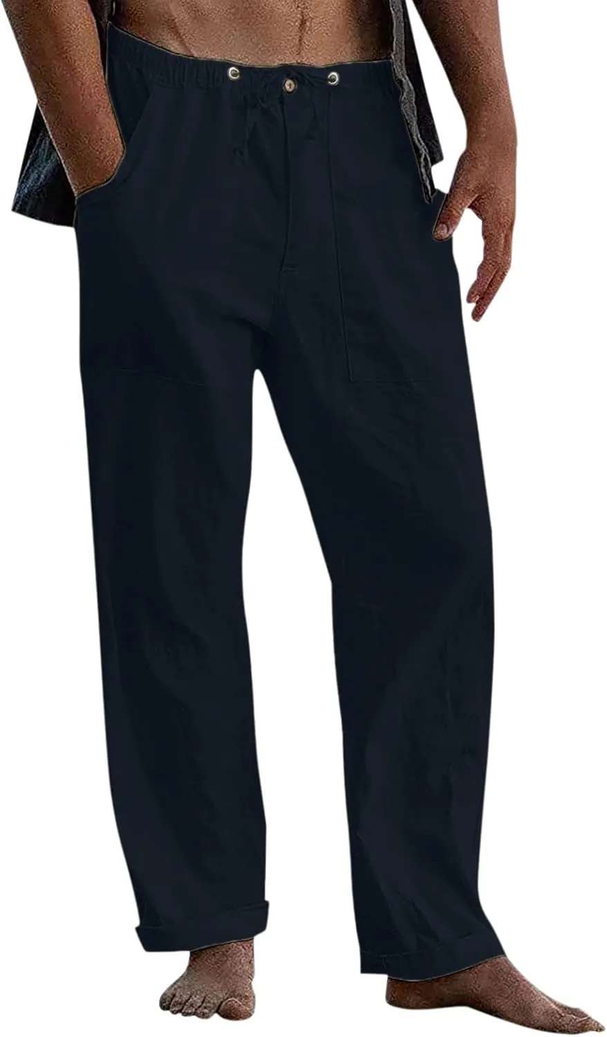 Classic Linen Pants for Men Loose Fit Wide Leg Drawstring Trousers Elastic Waist Summer Travel Beach Shorts with Pockets