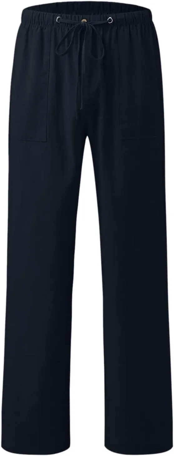 Classic Linen Pants for Men Loose Fit Wide Leg Drawstring Trousers Elastic Waist Summer Travel Beach Shorts with Pockets