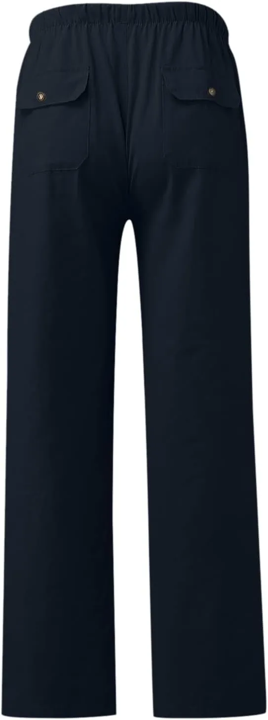 Classic Linen Pants for Men Loose Fit Wide Leg Drawstring Trousers Elastic Waist Summer Travel Beach Shorts with Pockets