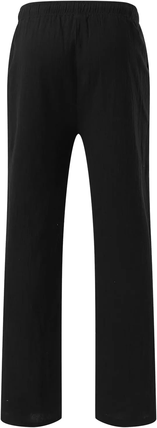 Cotton Linen Beach Trousers for Men Elastic Waist Drawstring Breathable Summer Casual Pants Loose Fit Workout Sweatpants