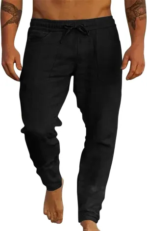 Cotton Linen Beach Trousers for Men Elastic Waist Drawstring Breathable Summer Casual Pants Loose Fit Workout Sweatpants