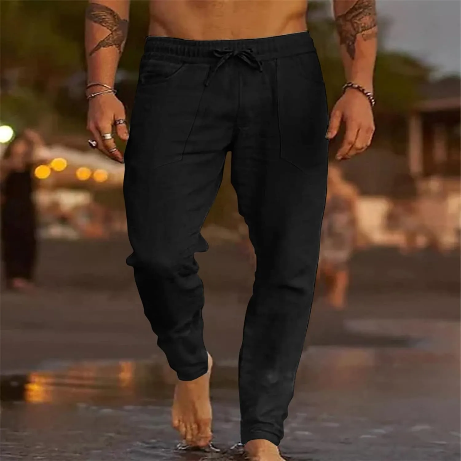 Cotton Linen Beach Trousers for Men Elastic Waist Drawstring Breathable Summer Casual Pants Loose Fit Workout Sweatpants