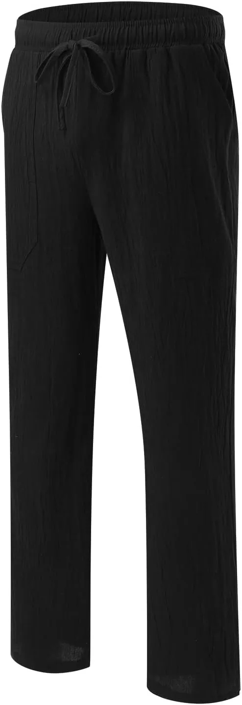 Cotton Linen Beach Trousers for Men Elastic Waist Drawstring Breathable Summer Casual Pants Loose Fit Workout Sweatpants