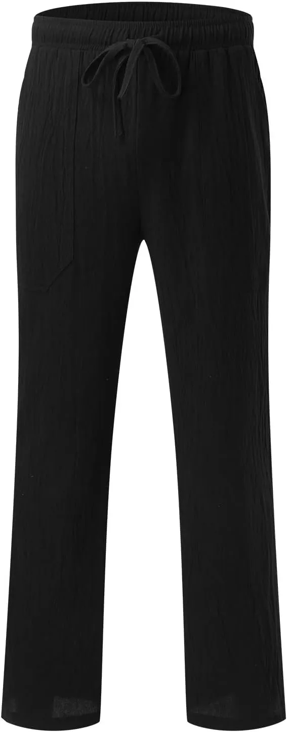 Cotton Linen Beach Trousers for Men Elastic Waist Drawstring Breathable Summer Casual Pants Loose Fit Workout Sweatpants
