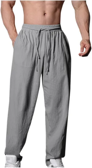 Cotton Linen Men's Linen Pants Elastic Waist Lightweight Breathable Relaxed Casual Daily Beachwear Vacation Drawstring