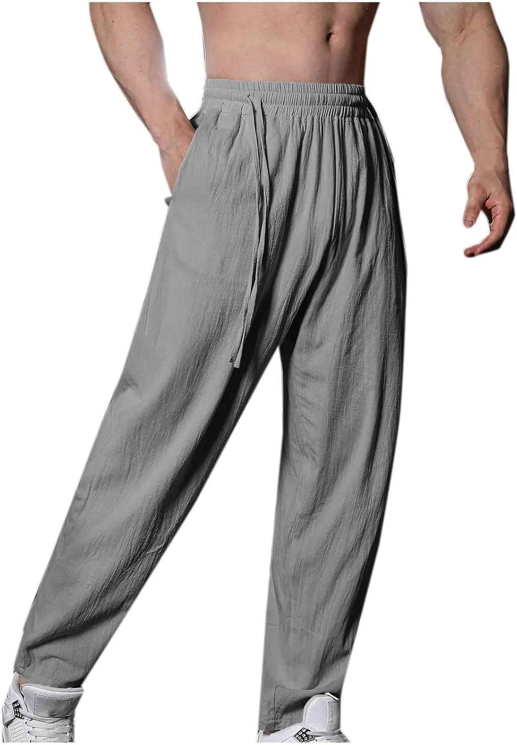 Cotton Linen Men's Linen Pants Elastic Waist Lightweight Breathable Relaxed Casual Daily Beachwear Vacation Drawstring