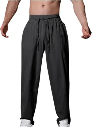 Cotton Linen Men's Linen Pants Elastic Waist Lightweight Breathable Relaxed Casual Daily Beachwear Vacation Drawstring
