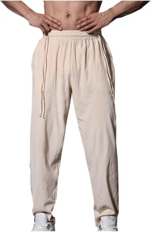 Cotton Linen Men's Linen Pants Elastic Waist Lightweight Breathable Relaxed Casual Daily Beachwear Vacation Drawstring