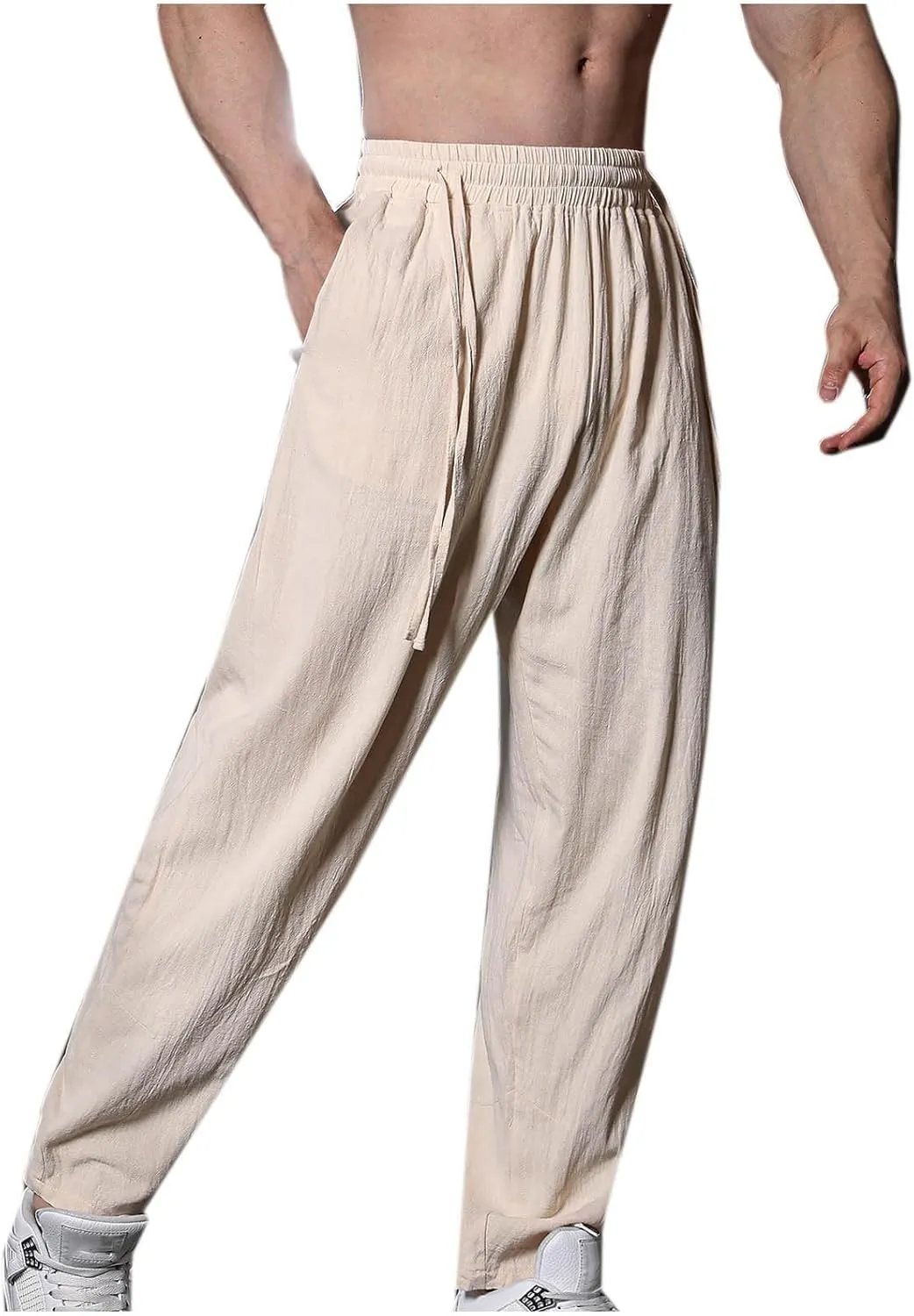 Cotton Linen Men's Linen Pants Elastic Waist Lightweight Breathable Relaxed Casual Daily Beachwear Vacation Drawstring