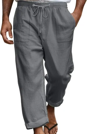 Cotton Linen Pants for Men Drawstring Elastic Waist Yoga Pants Summer Breathable Travel Casual Trousers with Pockets