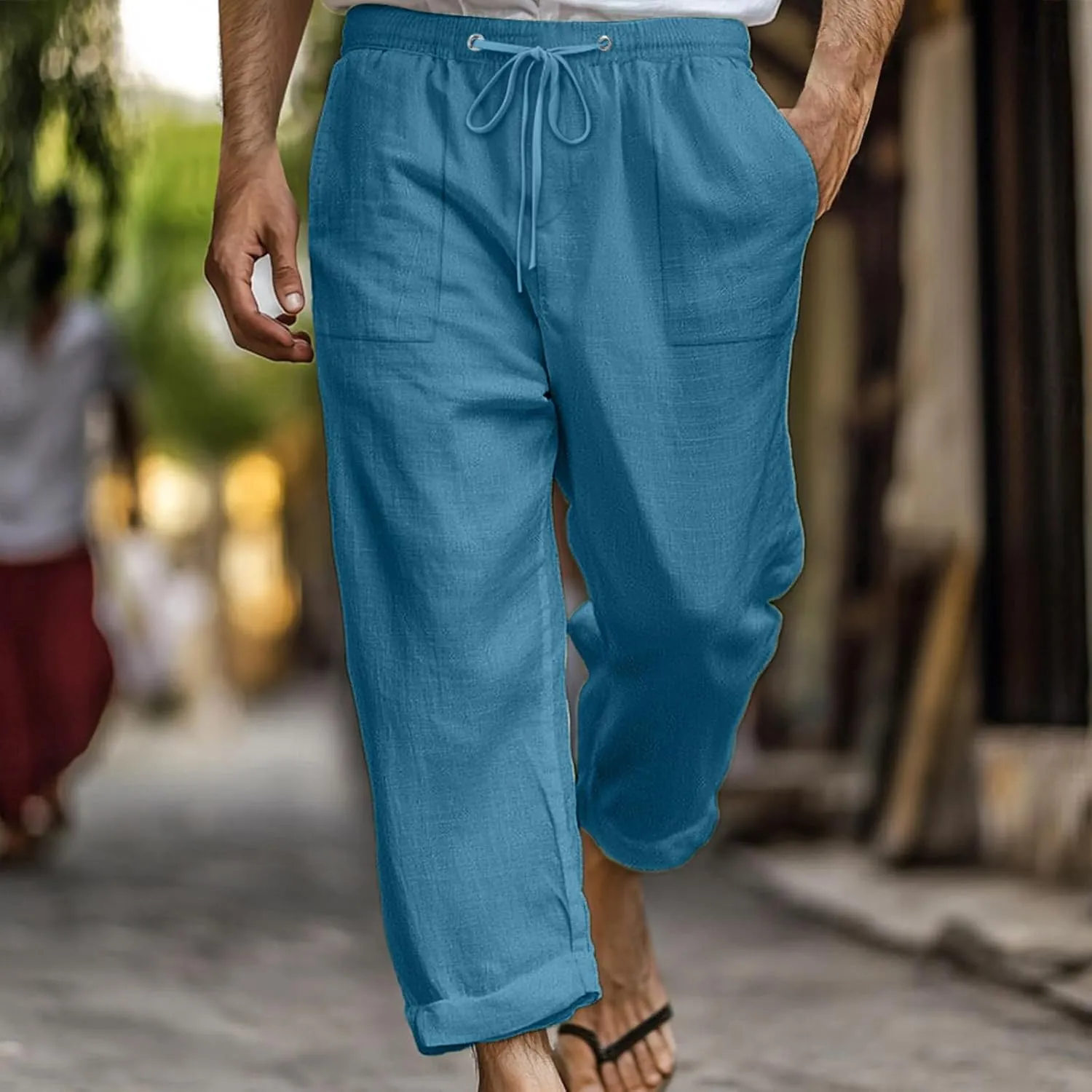 Cotton Linen Pants for Men Drawstring Elastic Waist Yoga Pants Summer Breathable Travel Casual Trousers with Pockets