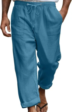 Cotton Linen Pants for Men Drawstring Elastic Waist Yoga Pants Summer Breathable Travel Casual Trousers with Pockets