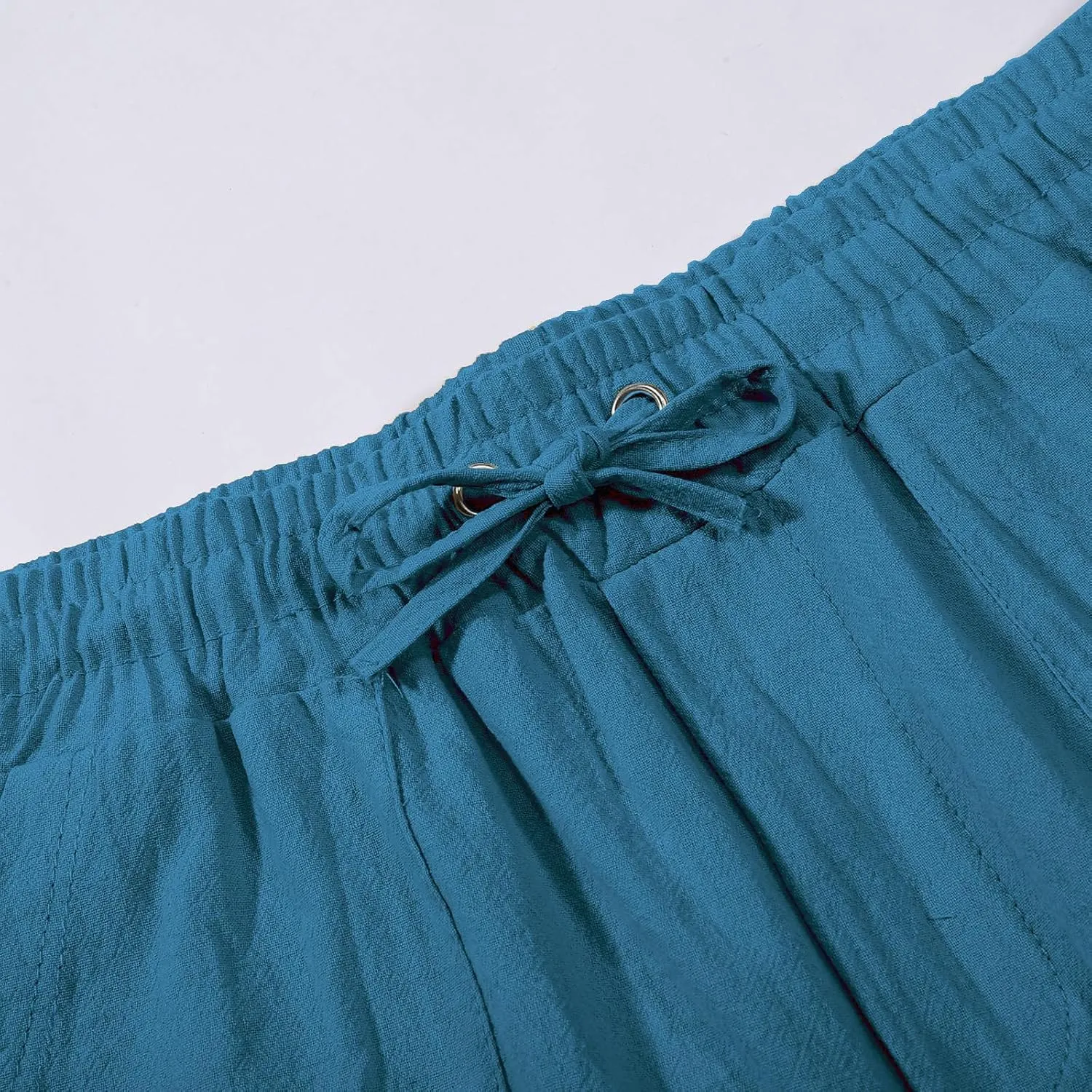 Cotton Linen Pants for Men Drawstring Elastic Waist Yoga Pants Summer Breathable Travel Casual Trousers with Pockets