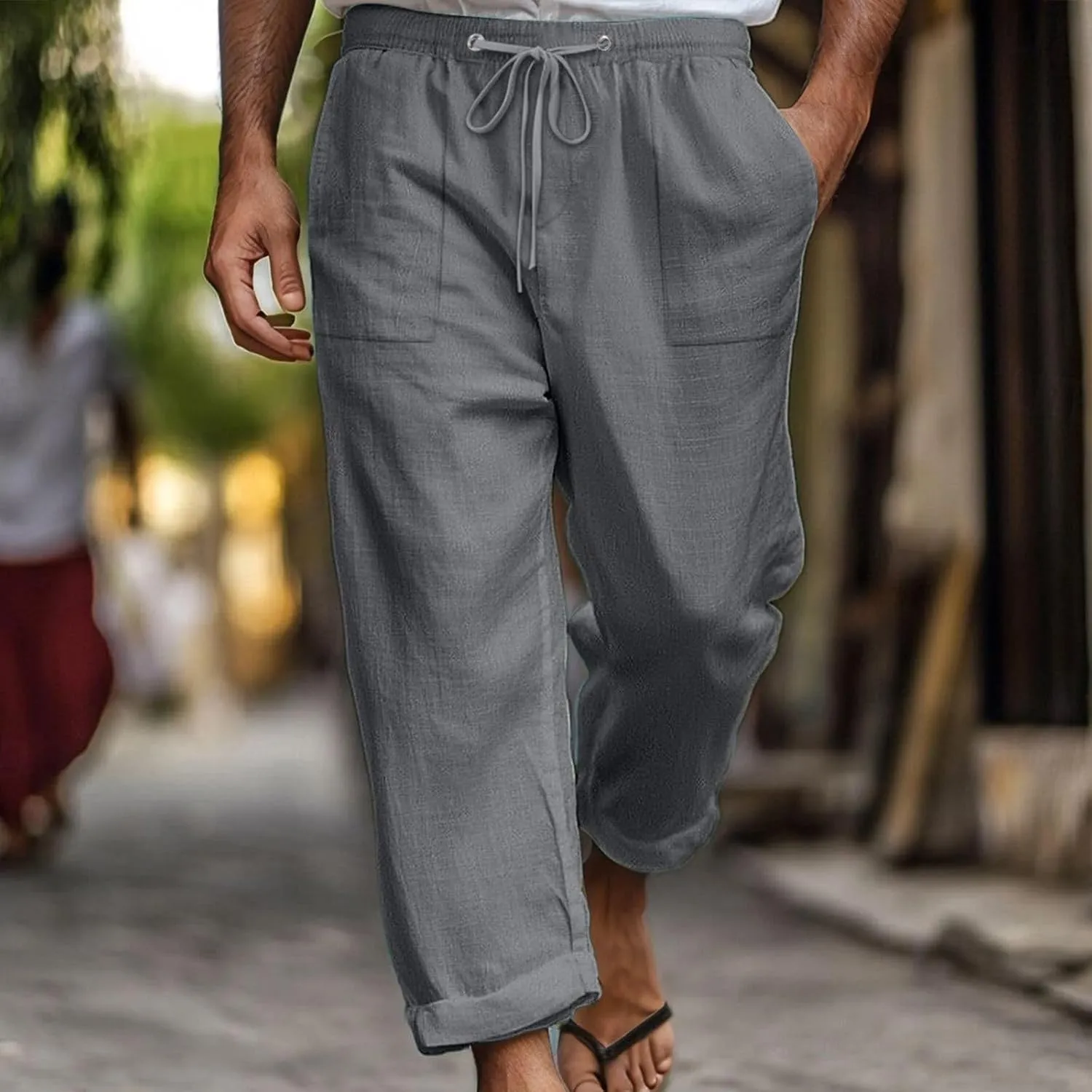 Cotton Linen Pants for Men Drawstring Elastic Waist Yoga Pants Summer Breathable Travel Casual Trousers with Pockets