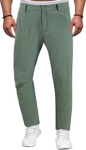 Cotton Linen Pants Men Casual Summer Spring Straight Pleated Pants Fashion Slim Fit Stylish Trousers with Pockets