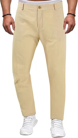Cotton Linen Pants Men Casual Summer Spring Straight Pleated Pants Fashion Slim Fit Stylish Trousers with Pockets