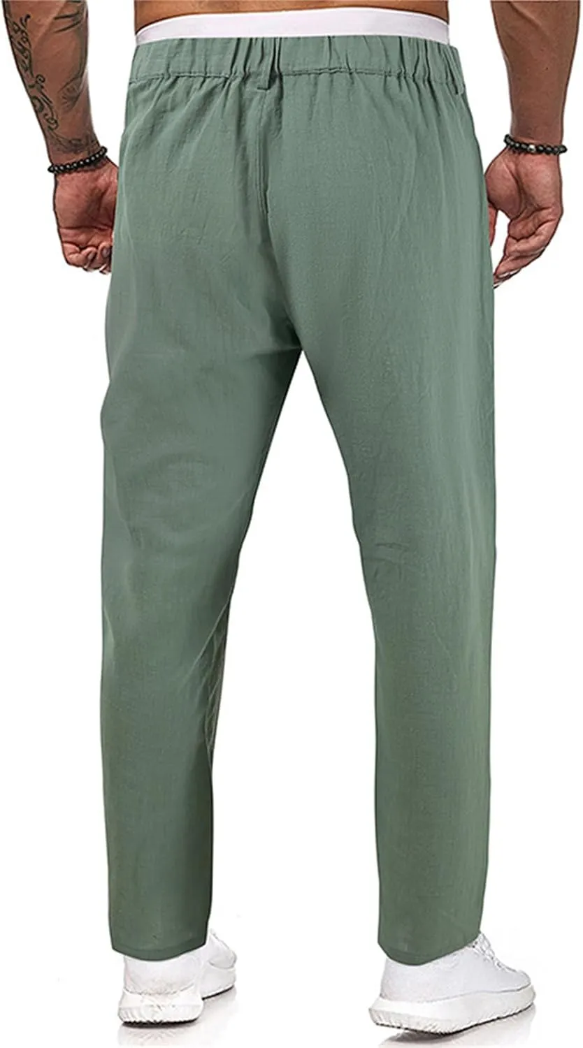 Cotton Linen Pants Men Casual Summer Spring Straight Pleated Pants Fashion Slim Fit Stylish Trousers with Pockets