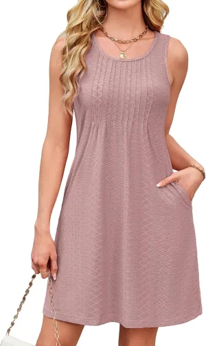 Coverup Sundresses for Women Eyelet Swimsuit Cover Up with Pockets Casual Loose Sleeveless Summer Beach Tank Dress