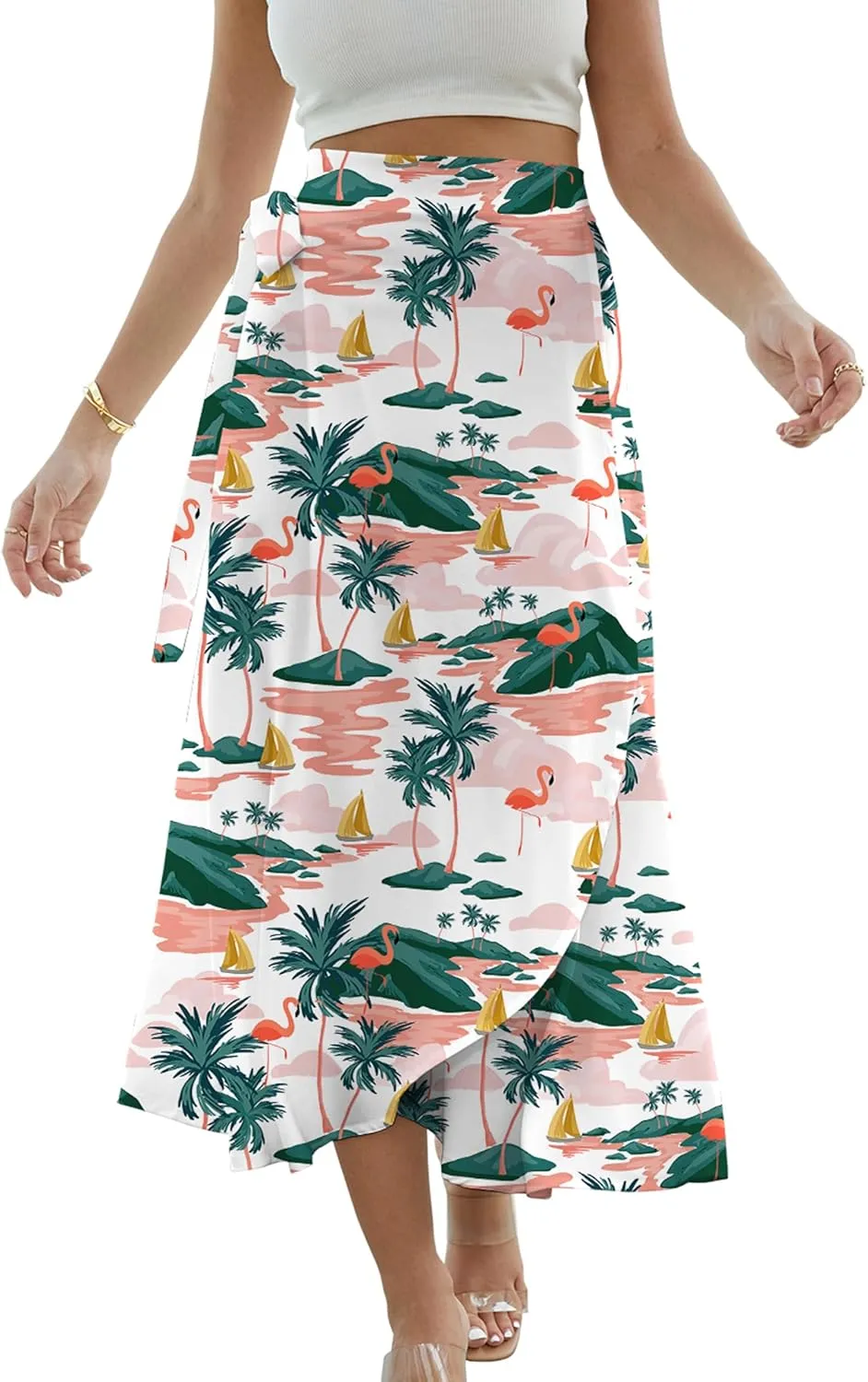 Cromoncent Womens Boho Floral Wrap Maxi Skirt Summer Tie Up Waist Split Beach Skirts