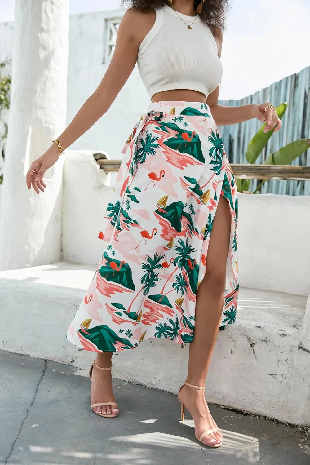 Cromoncent Womens Boho Floral Wrap Maxi Skirt Summer Tie Up Waist Split Beach Skirts