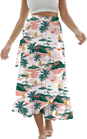 Cromoncent Womens Boho Floral Wrap Maxi Skirt Summer Tie Up Waist Split Beach Skirts