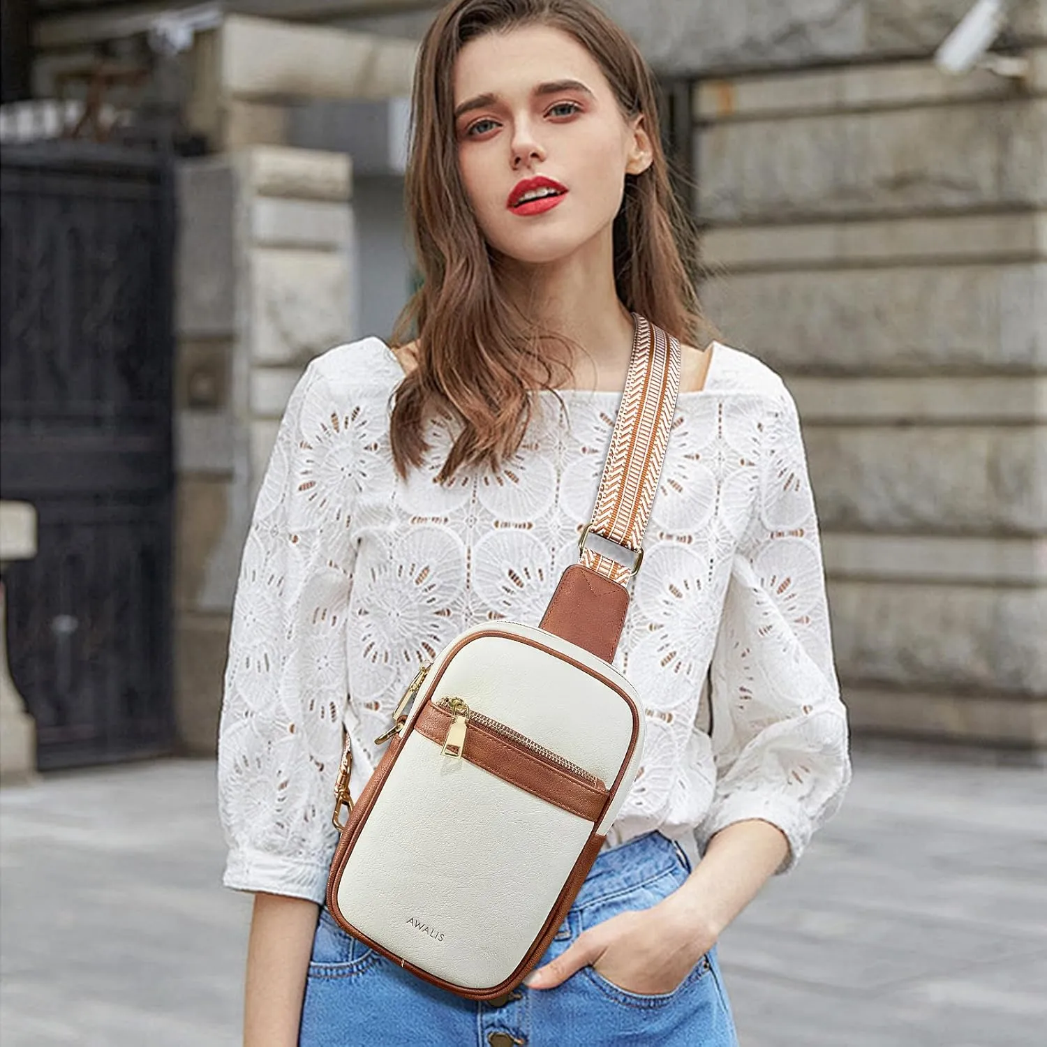 Crossbody Sling Bag for Women Vegan Leather Small Crossbody Purse Fanny Packs for Women Chest Bag with Guitar Strap, White
