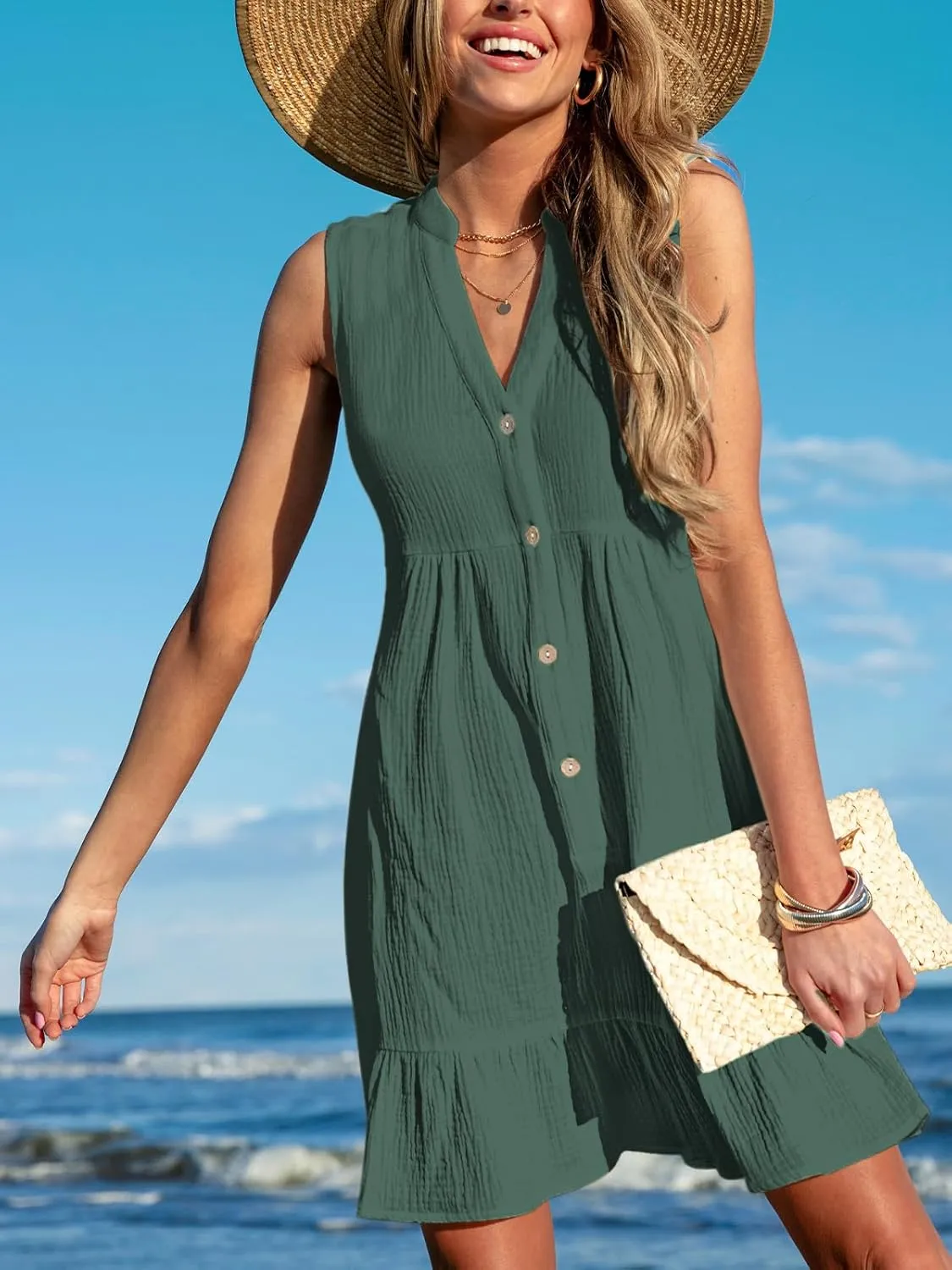 CUPSHE Women Swimsuit Coverup 100% Cotton Ruffle Hem Beach Cover Up Dresses