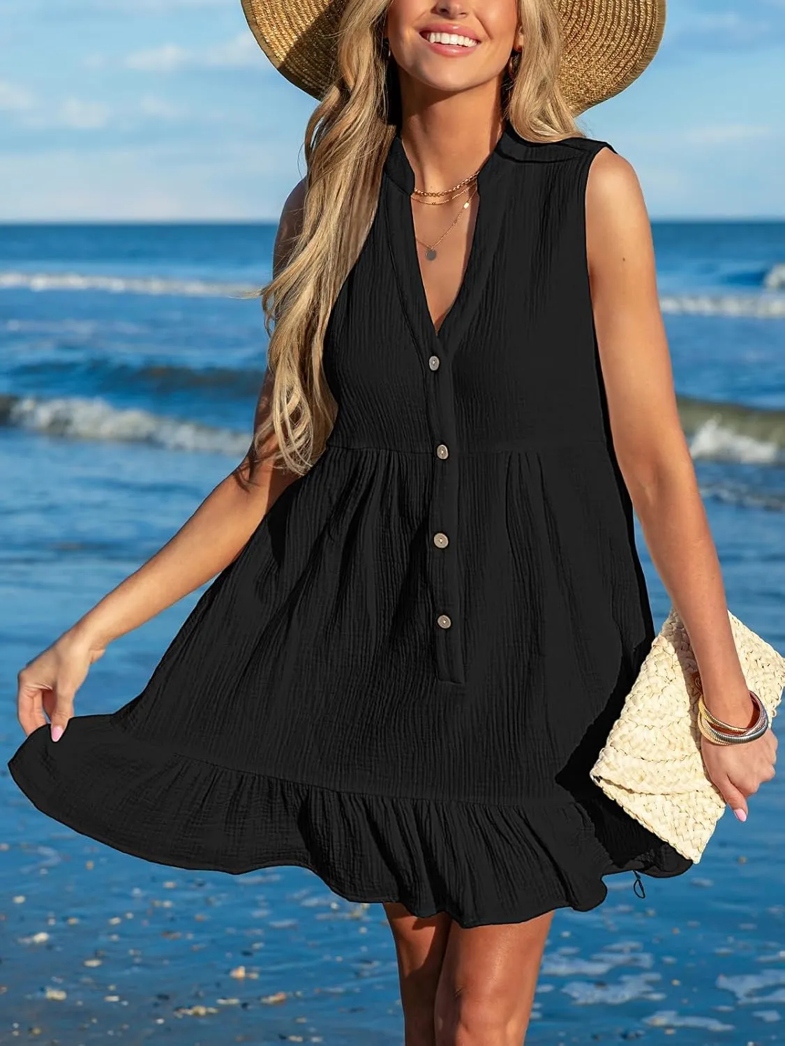 CUPSHE Women Swimsuit Coverup 100% Cotton Ruffle Hem Beach Cover Up Dresses