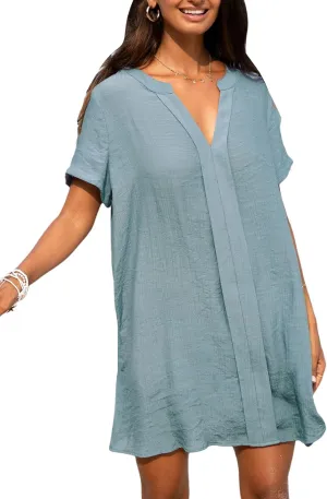 CUPSHE Women's V Neck Cover Up Dress Short Sleeve Semi-sheer Beach Mini Dress