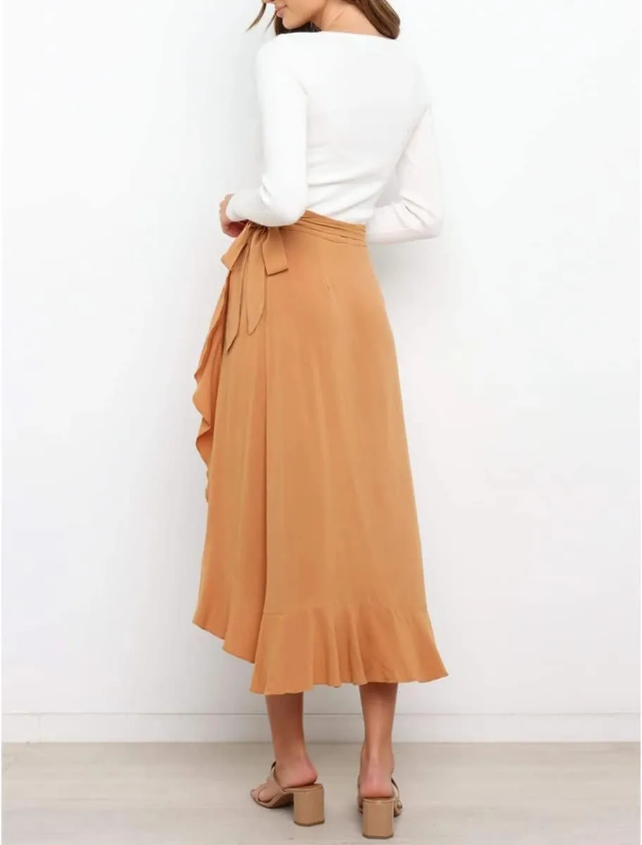 Daysskk Wrap Skirts for Women Asymmetrical Ruffle Skirt Midi Length