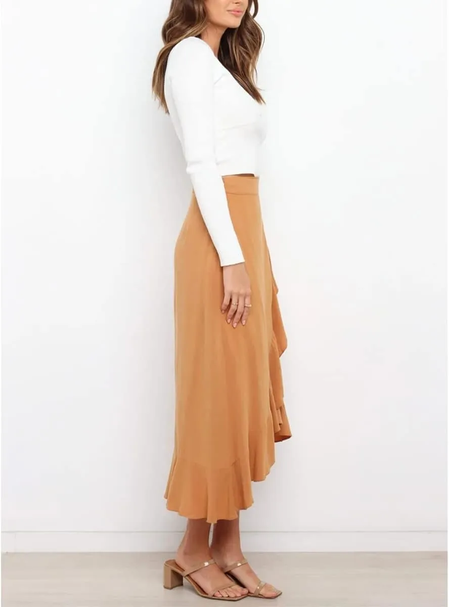 Daysskk Wrap Skirts for Women Asymmetrical Ruffle Skirt Midi Length